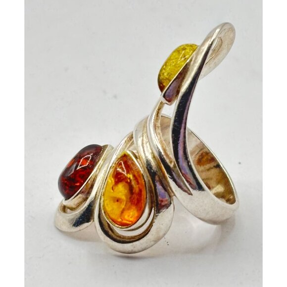 Sterling Silver 925 Multi-Color Amber Adjustable Statement Ring Size 5 - Picture 4 of 6